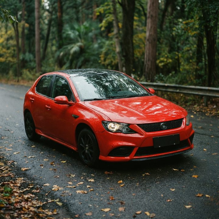 A red colored car on a forest road