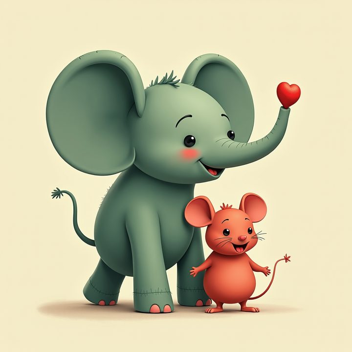 A small green elephant standing behind a large red mouse