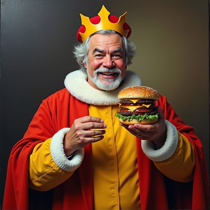 Oil painting portrait of a regal king holding a burger