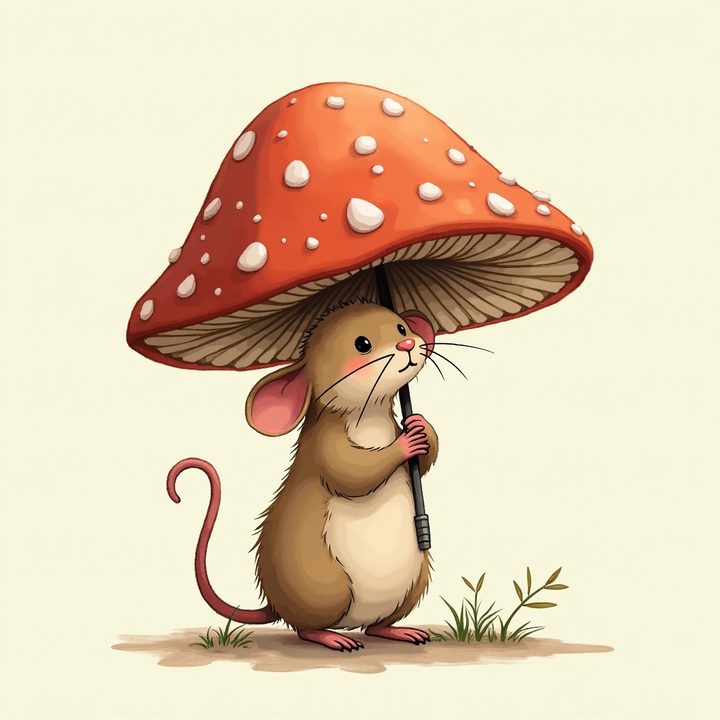 Illustration of a mouse using a mushroom as an umbrella