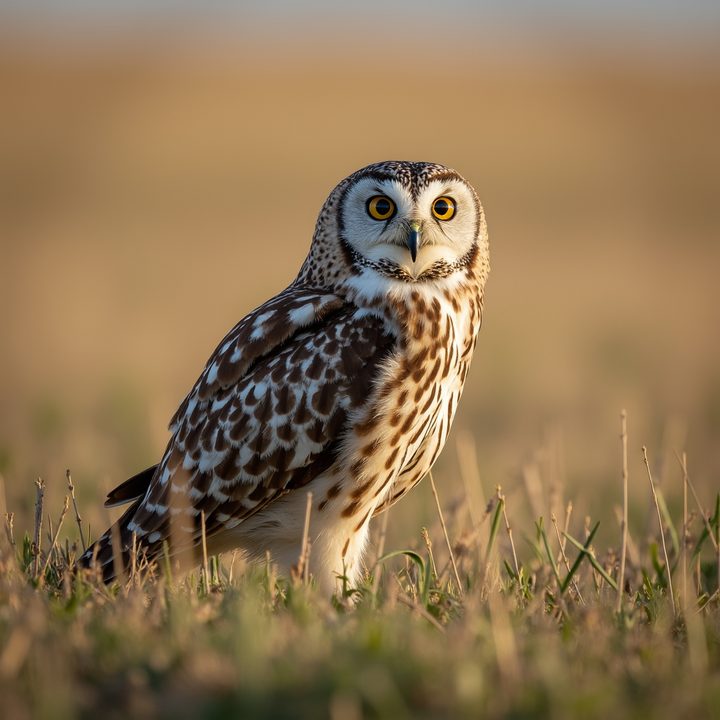 A side view of an owl sitting in a field