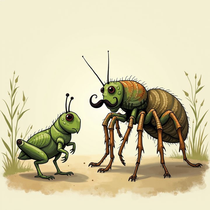 A gentlemanly spider with a moustache greeting a grasshopper