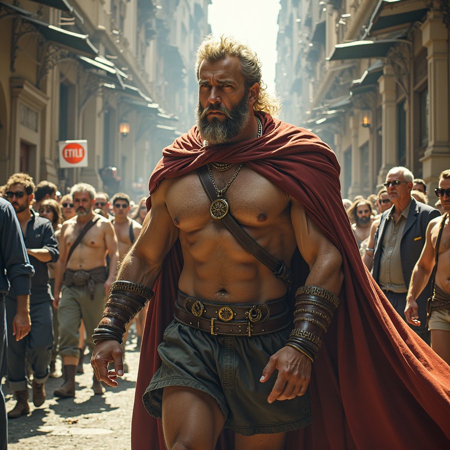 A photorealistic spartan warrior walking through a crowded street, generated by edge-dit.cpp
