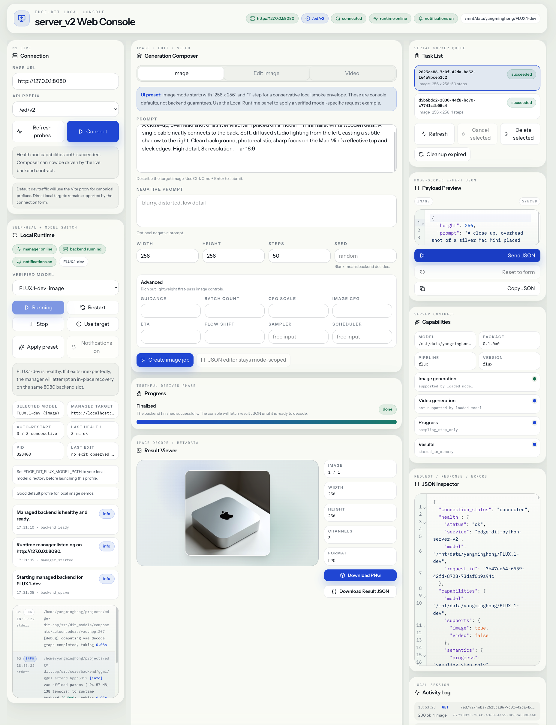 Python Server Console overview showing the local web-based control surface